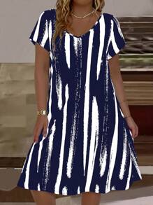 EMERY ROSE Vestido de manga corta con cuello en V y estampado de patchwork en talla grande, de verano
