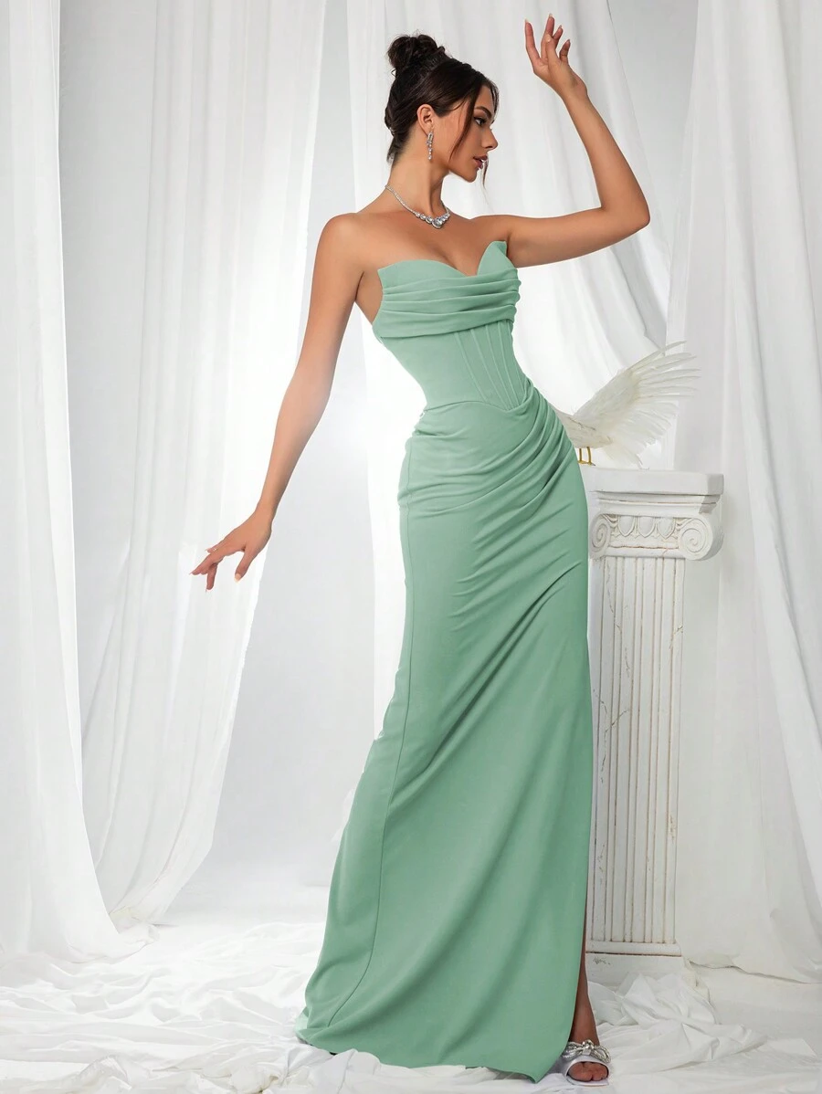 VIPGIRL Elegant Bridesmaid Dress: Strapless Fitted Satin Dress, Paired With Waist-Cinching Top And Draped Waistline - Minimalist Luxurious Formal Evening Gown, Suitable For Wedding Guest Attire Spring - Mint Green - View 1