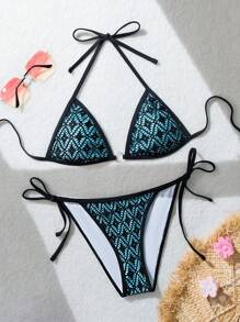 SHEIN Swim Của phụ nữ Đúng mốt Tách Áo bơi Với Mô hình hình thoi ( Lưới ) - Màu xanh lam - Xem 1