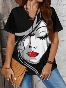 EMERY ROSE 夏季休闲 V 领短袖大码女式黑色 T 恤 - 黑色 - 查看 4
