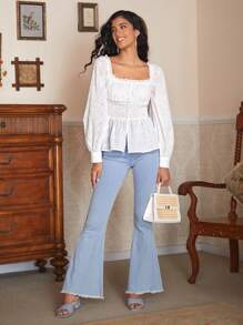 Jolleen Designer Boho Bohemian Women's Business Casual White Drawstring Peplum Hem Top, Holiday, Vacation, Festival, Office - White - View 6