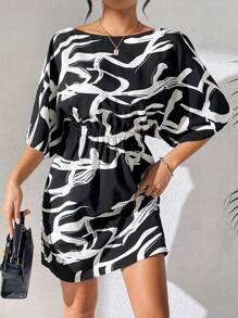 Calvaya Women's Fashionable Black And White Color Block Short Sleeve Dress