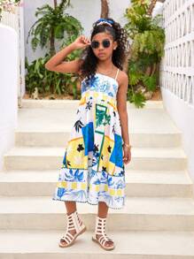 SHEIN Tween Girls' Casual Spring/Summer Woven Floral Printed Spaghetti Strap Dress For Vacation