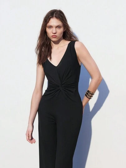 Maija Summer Casual Black V-Neck Twist Straight Sleeveless Jumpsuit