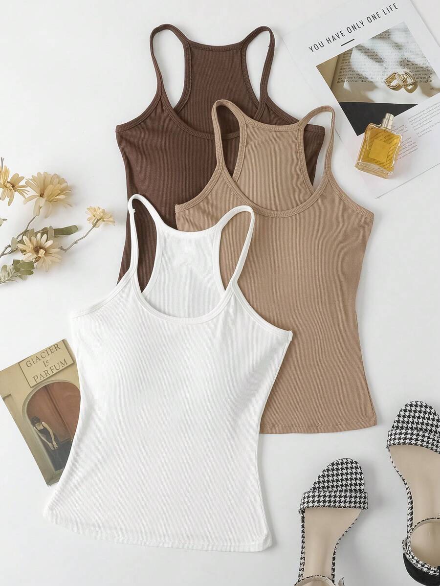 SHEIN EZwear 3 Gói Nữ Màu Trơn Slim Fit Cổ Tròn Yếm Ống Có Đệm, Cơ Bản Áo ba lỗ Áo Ngực Vào Mùa Xuân Và Mùa Hè - Nhiều màu - Xem 1