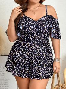 Swim Lushoire Plus Size Summer Beach Cold Shoulder Ruffle Trim Ditsy Floral Print Swim Dress & Swim Bottom, Random Print