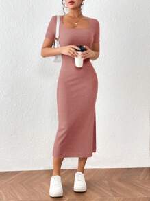 SHEIN Frenchy Vestido Midi De Ajuste Elegante De Color Sólido Con Hendidura Lateral - Marrón - Ver 3