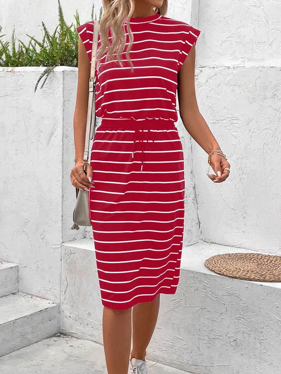 SHEIN LUNE Women's 2pcs/Set Striped Round Neck Batwing Sleeve Top And Drawstring Split Skirt