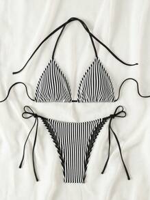 SHEIN Swim Bộ Bikini Halterneck sọc riêng biệt có dây buộc dành cho nữ đi biển mùa hè - Đen và trắng - Xem 3