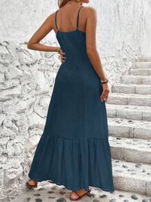SHEIN LUNE Màu thuần Không tay Dây đeo Mì Ý  Đầm Với Ruffled Hem - Màu xanh hải quân - Xem 2