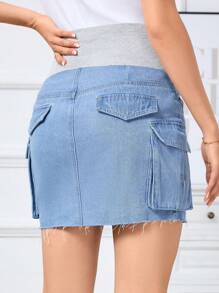 SHEIN Maternity Fashionable Denim Skirt With Big Pockets - Light Wash - View 2