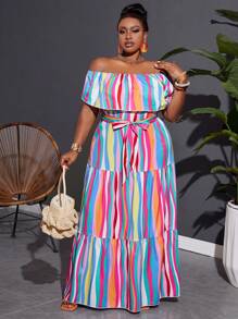 Slaydiva Rainbow Color Stripe Print Plus Size Women Long Dress, Off Shoulder Ruffle Patchwork A-Line Casual Vacation Dress, Pride Month