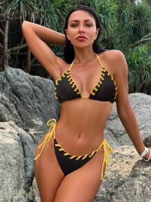 SHEIN Swim Women's Stylish Yellow Drawstring Two-Piece Bikini Set Summer Beach