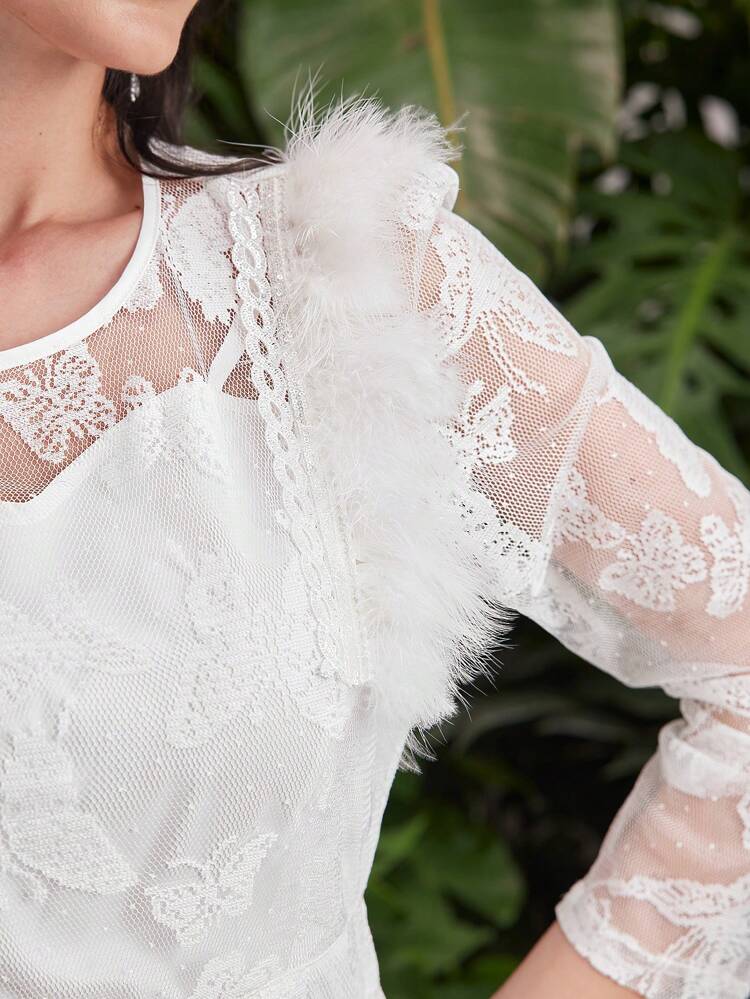 Women's Plush Butterfly Lace Patchwork Dress Long Evening Dresses