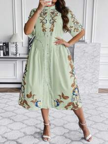 Flirla Vestido De Talla Grande Con Cuello De Pie Y Botones Frontales Con Temática De Vacaciones - verde menta - Ver 4