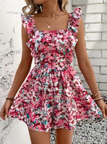SHEIN Frenchy Bộ đồ Playsuit hở lưng in họa tiết cho nữ có viền xếp nếp và thắt nơ, áo liền quần đi biển mùa hè - Gỗ đỏ - Xem 4