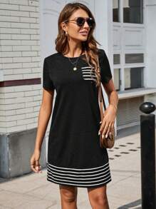 EMERY ROSE 運動風女士條紋印花圓領連衣裙,附帶口袋 - 黑色 - 查看 4