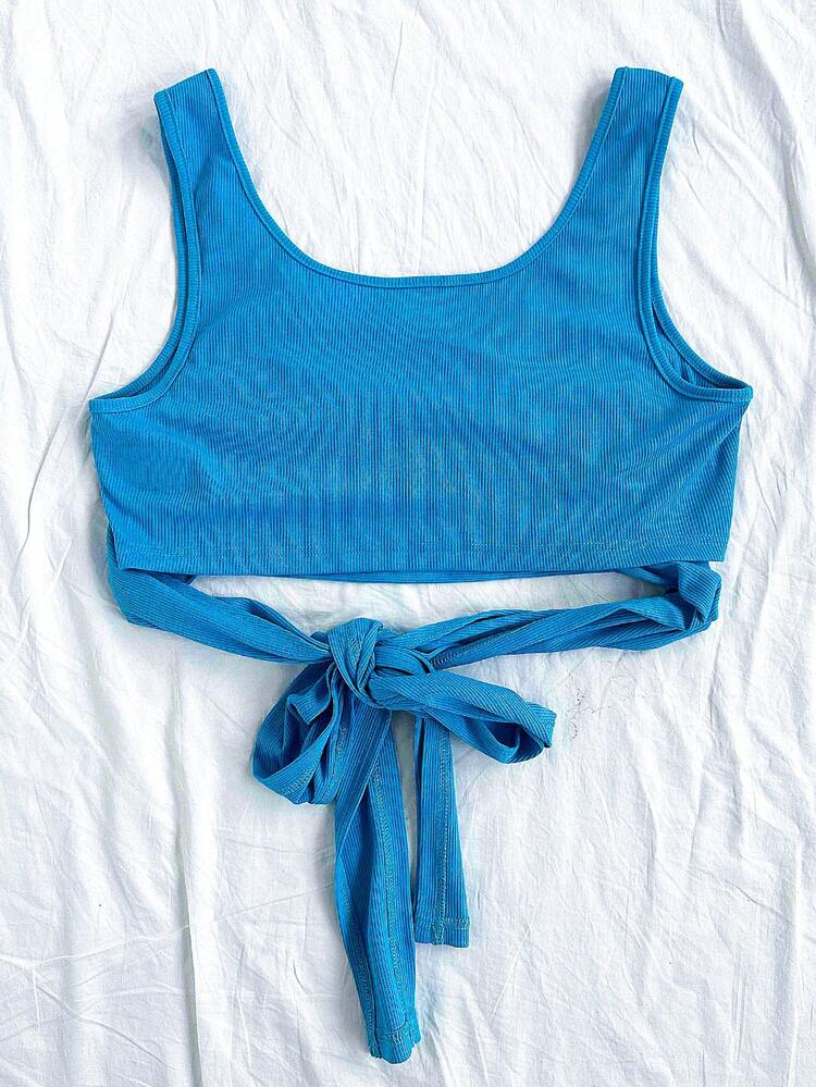 Women's Plus Size Solid Color Gathered Tie Front Cropped Tank Top For Summer
