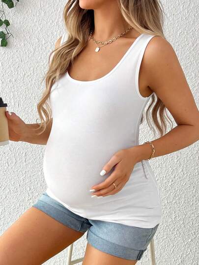 SHEIN 孕婦純色圓領休閒無袖背心上衣，適用於夏季