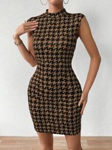Chiquease Women's Summer Sleeveless Bodycon Mock Neck Dress In Houndstooth Pattern