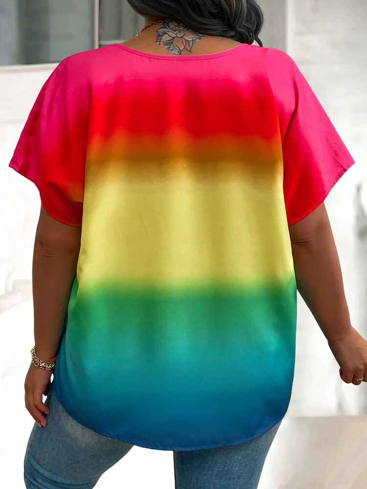 Plus Size V-Neck Rainbow Ombre Batwing Sleeve Loose Blouse