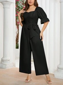 SHEIN Privé Plus Size Women's Stylish Halter Neck With Ruffle Sleeves And Half Pants Jumpsuit For Summer - Black - View 5