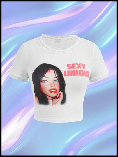 SHEINNeu Kidcore Dopamine  Ladies Casual AI Girls Printed Lace T-Shirt,Baby Tees Woman