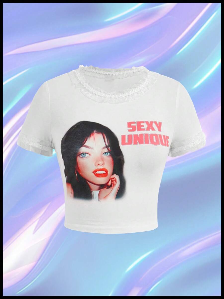 SHEINNeu Kidcore Dopamine  Ladies Casual AI Girls Printed Lace T-Shirt,Baby Tees Woman - White - View 1