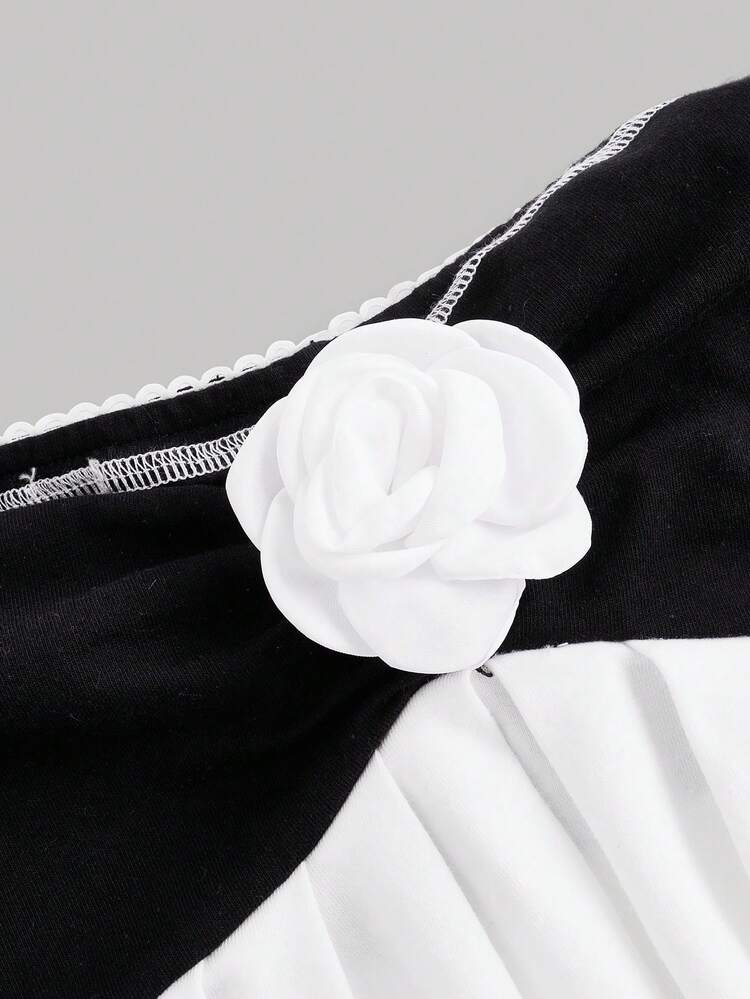 Summer Black & White Color Block 3d Flower Decorated A-Line Bandeau Top