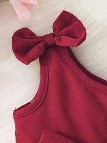 SHEIN Fashionable Baby Girls' Solid Color Dress With Bow Decoration - Burgundy - View 3