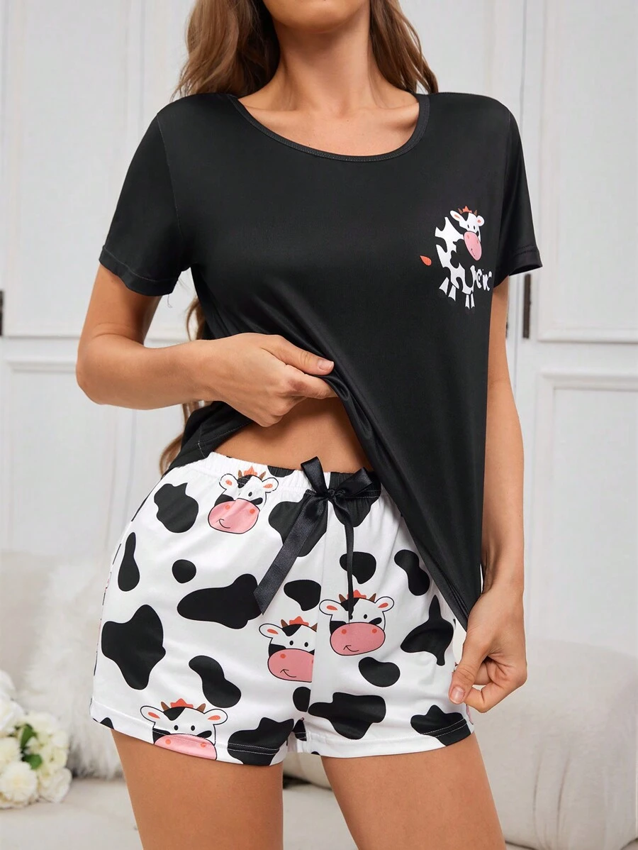 Conjunto De Pijama Para Mujer De Top Y Shorts Con Estampado De Leche - Negro - Ver 1