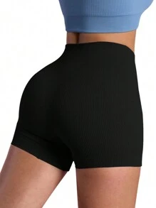 Easithlete 3pcs High Waist Cross Waistband Ribbed Sports Shorts For Abdominal Control & Hip Lifting Legging Shorts - Multicolor - View 2