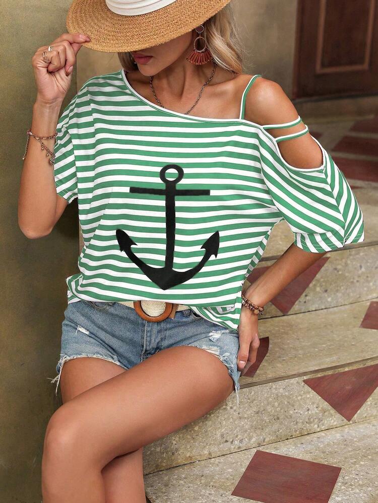 Women's Striped & Printed Open Shoulder Casual Short Sleeve T-Shirt For Spring/Summer (Random Stripe Cut)