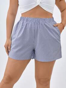 SHEIN Essnce Plus Size Blue & White Striped Casual Holiday Comfortable Loose Shorts