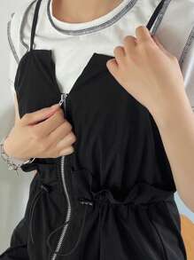 FRIFUL 春夏季抽绳腰拉链半襟翻盖口袋吊带连衣裙太阳裙 - 黑色 - 查看 7
