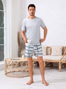 Manfinity Underwear&Sleepwear Basics Conjunto De Ropa De Verano Para Hombres Con Estilo De Shorts Y Camiseta De Manga Corta Para Estar En Casa
