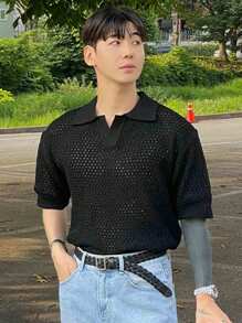 DAZY Men's Summer Solid Color Hollow Knit Top - Black - View 5