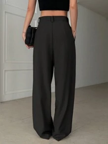 Dazy Designer Women Solid Color Slanted Pocket Pleated Design Straight-Leg Pants,Women Dress Pants - Black - View 5