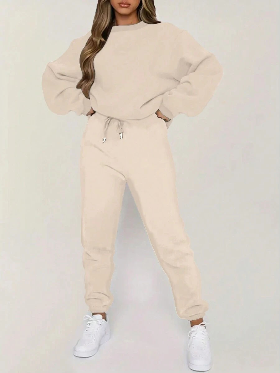 INAWLY Women's Solid Color Round Neck Pullover Long Sleeve Top And Drawstring Pants 2pcs/Set - Apricot - View 1