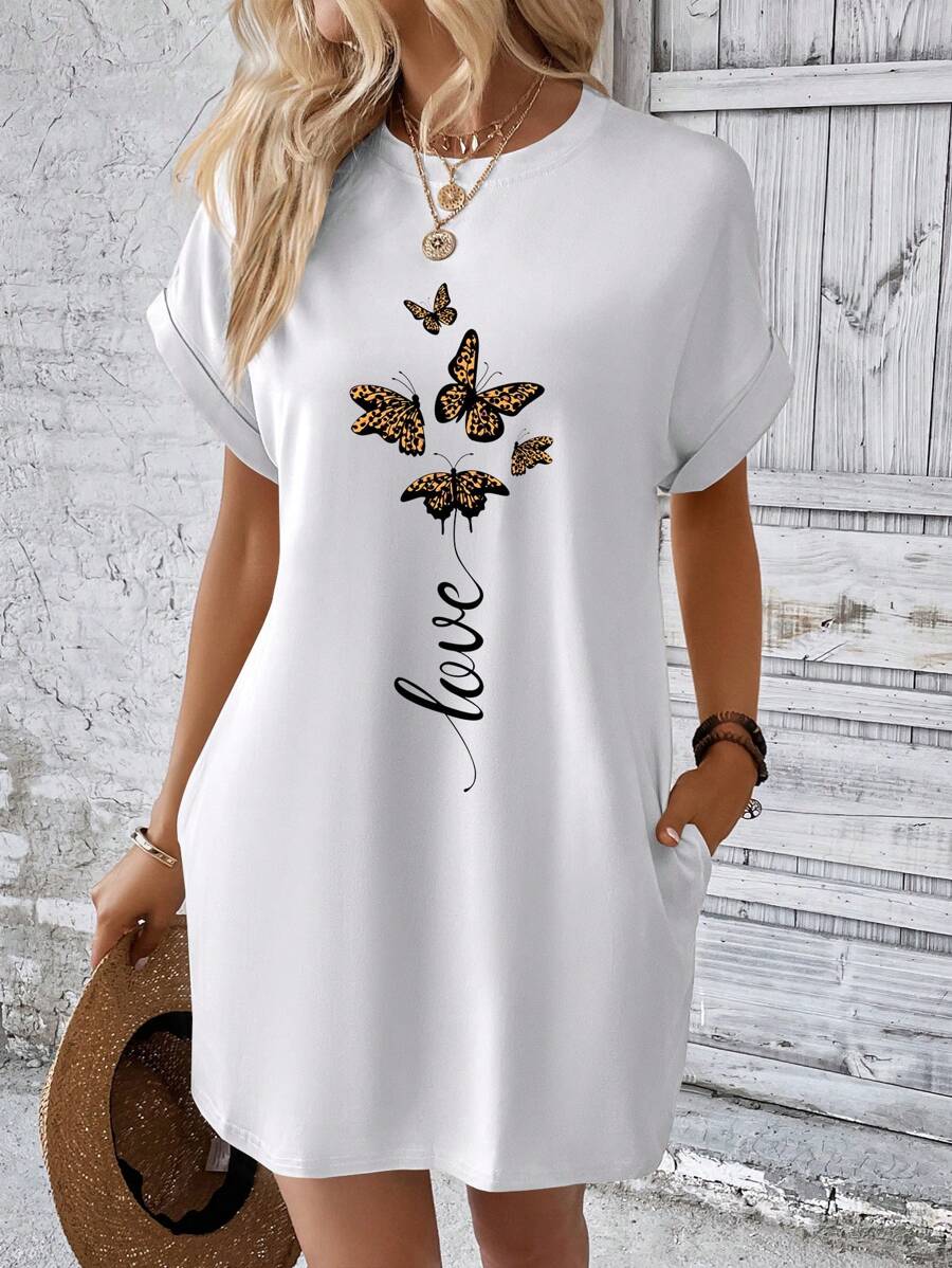 INAWLY Women's Summer Short Sleeve Casual T-Shirt Dress With Butterfly & Letter Print - White - View 1