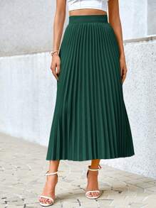 SHEIN Privé Women's Solid Color Mid-Length Elegant Pleated Skirt - Dark Green - View 4