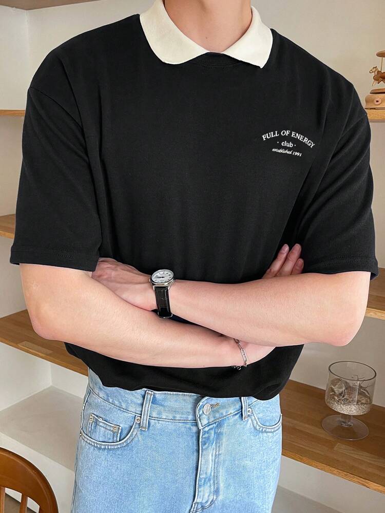 Men's Color-Block Collar Letter Printed Short Sleeve T-Shirt For Summer