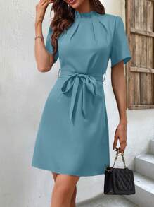 SHEIN Clasi 褶皺短袖腰帶連衣裙 - 藍色 - 查看 3