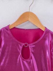 少女夏季鎖孔領金屬質感短袖休閒T恤 - 彩色 - 查看 4