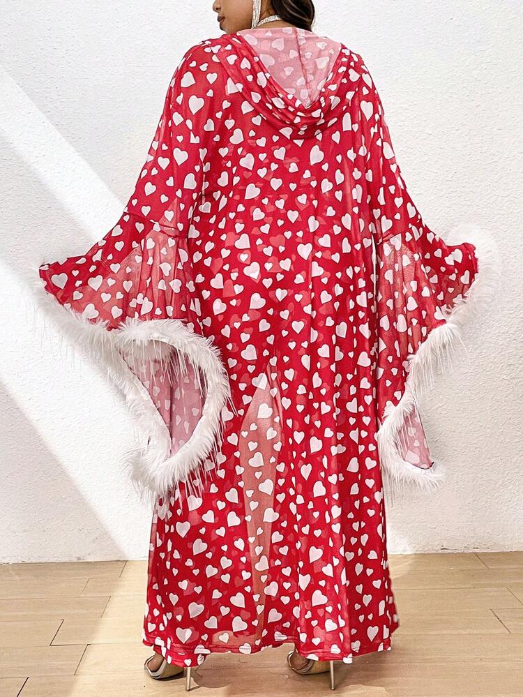 Plus Size Women's Fluffy Sleeve Cuff Bell Sleeve Jacket With Short Tank Top And Flare Pants Heart Printed 3pcs Outfits