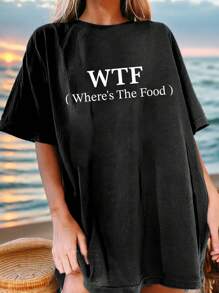 Muchica Áo thun nữ dáng rộng in slogan ngộ nghĩnh cổ tròn, thích hợp cho mùa hè WT (Thức ăn ở đâu) - màu đen - Xem 1