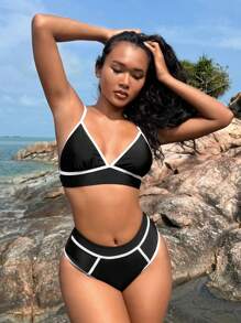 SHEIN Swim Summer Women'S Color Block Bikini Set With Edge Detailing