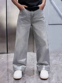 SHEIN Tween Boy Cool Metal Texture Gradient Insert Pocket Jeans - Grey - View 4