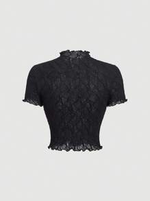 SHEIN MOD Women's Black Knitted Perspective Stand Collar Short Sleeve Slim Fit T-Shirt Suitable For Summer - Black - View 2