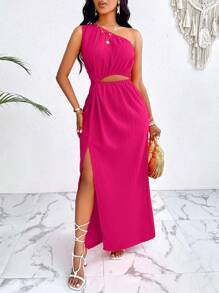 VaVaBold Solid Color Asymmetrical Collar One Shoulder Cutout Knot Split Thigh Drawstring Summer Women Beach Dress
